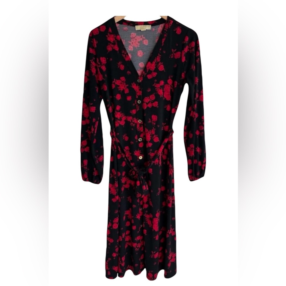Michael Kors Black Dress with Red Rose,Button-Front Midi Dress and tie waist